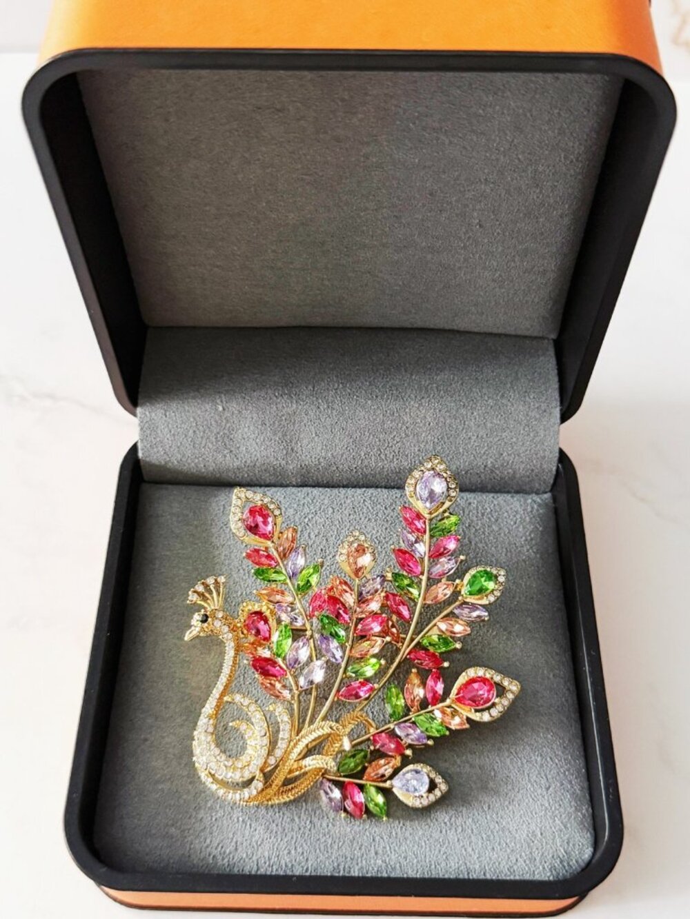 Multicolor Rhinestone Peacock Brooch Pin in Gold Tone, Pink Green Purple & Peach